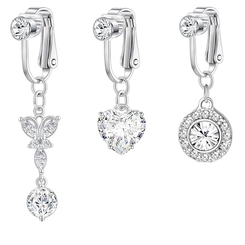 BVLAGIDA 3 Stück Fake Bauchnabelpiercing für Damen, Bauchnabelpiercing Chirurgenstahl, Fake Bauchnabel Piercing Zirkon Herz, mit Geschenk Box von BVLAGIDA