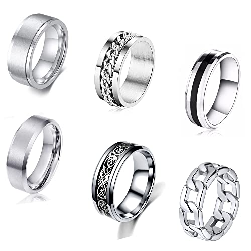 BVLAGIDA 6 Stücke Ringe Herren Silber Edelstahl Matt Poliert Band Ringe Kette Ring Drehbarer Ringe Männer Herren Ringe Vintage Ring für Männer Damen Ringe Set Größe 54 von BVLAGIDA