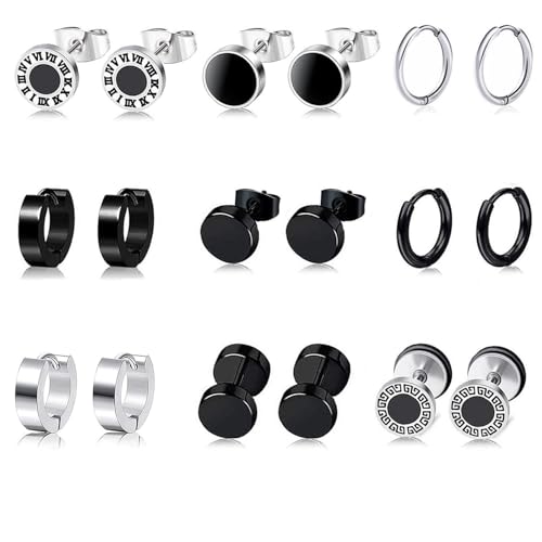 BVLAGIDA 9 Paar Herren Edelstahl Ohrringe, Ohrringe Schwarz Herren, Allergiefreie Ohrringe Ohrstecker, Hoop Creolen, Silber Runde Coole Ohrstecker für Herren Damen Unisex von BVLAGIDA