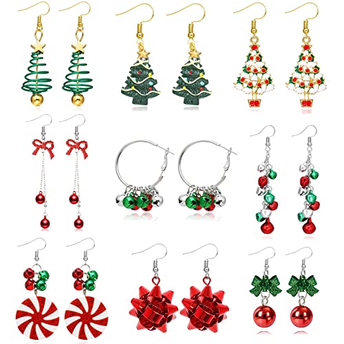 BVLAGIDA 9 Paare Ohrringe Weihnachten Set für Damen Mädchen Hängend Weihnachtsohrringe Schneeflocken Weihnachtsmann Weihnachtsbaum Glocke Xmas Ohrringe von BVLAGIDA