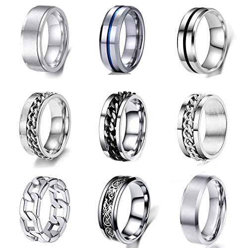 BVLAGIDA 9 Stücke Ringe Herren Silber Edelstahl Matt Poliert Band Ringe Kette Ring Drehbarer Ringe Männer Herren Ringe Vintage Ring für Männer Damen Ringe Set Größe 57 von BVLAGIDA