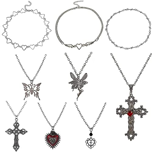 BVLAGIDA 9 Stück Gothic Grunge Halskette Set Goth Punk Rock Silber Halskette Liebe Herz Kreuz Dornen Böses Auge Engel Flügel Halloween Halskette für Frauen Mädchen Kette Choker Halskette von BVLAGIDA