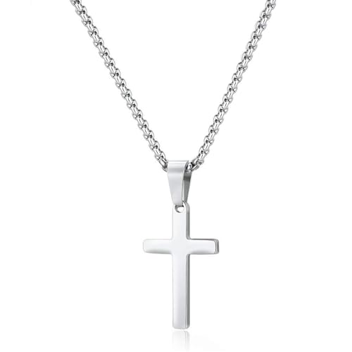 BVLAGIDA Kreuz Kette für Herren Damen, Edelstahl Kreuz Halskette, Kreuz Anhänger mit Kasten Kette, Kreuz Kette Silber, Länge 45CM, mit Geschenkbox von BVLAGIDA