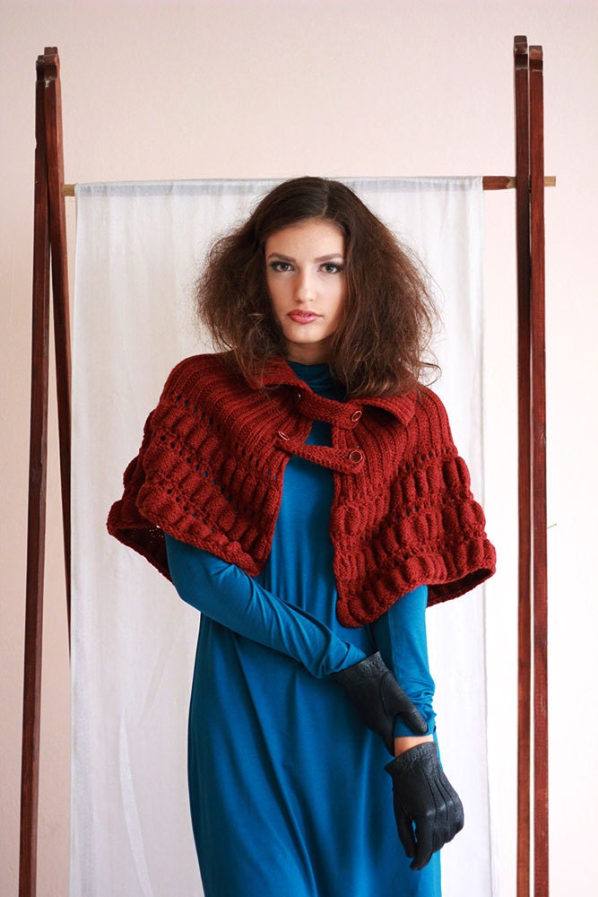 Braune Wolle Wickeln Auburn Cape Kastanie Chunky Poncho Rustikale Braun Gestrickte Herbst von BVLifeStyle