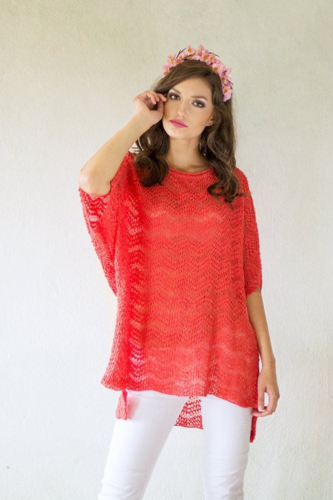 Coral Pink Leinen Bluse Oversized Gestrickte Tunika Loose Fit Shirt Jersey Top Damen Pullover Eco von BVLifeStyle