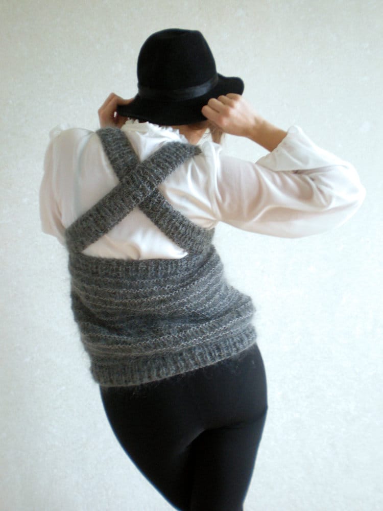 Mohair Pullover Grau Gestreifte Weste Frauen Ärmelloses Top Träger Kleidung Geschenk Ihr Hand Gestrickte von BVLifeStyle