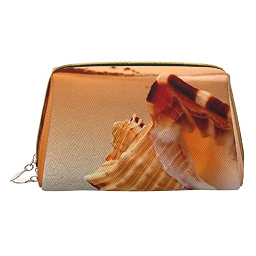 Minimalistische und stilvolle tragbare Leder-Make-up-Tasche, Sonnenuntergang über dem Meer mit Muschelmuschel, bedruckte Kosmetiktasche für Mädchen und Damen, kleine Größe, Sonnenuntergang über dem von BVMPRS