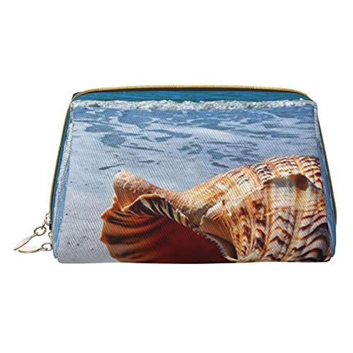 Minimalistische und stilvolle tragbare Leder-Make-up-Tasche, Strand und Sonnenuntergang, bedruckte Kosmetiktasche für Mädchen und Damen, kleine Größe, Muschel am Meer, Einheitsgröße von BVMPRS