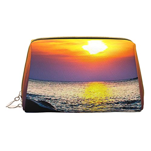 Minimalistische und stilvolle tragbare Leder-Make-up-Tasche, Strand und Sonnenuntergang, bedruckte Kosmetiktasche für Mädchen und Damen, kleine Größe, Strand und Sonnenuntergang, Einheitsgröße von BVMPRS