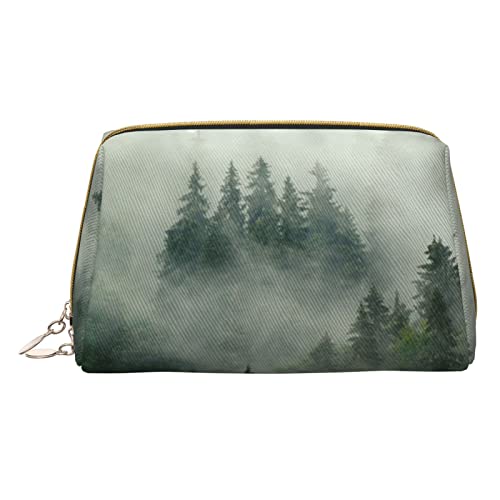 Minimalistische und stilvolle tragbare Leder-Make-up-Tasche, Vollmond und neblige Wolken, bedruckte Kosmetiktasche für Mädchen und Damen, kleine Größe, Green Tree Neblige Landschaft, Einheitsgröße von BVMPRS