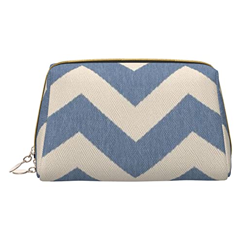 Minimalistische und stilvolle tragbare Leder-Make-up-Tasche, blaues Ozean, gewellt, Meereslandschaft, bedruckt, Kosmetiktasche für Mädchen und Damen, kleine Größe, Blau / Beige gestreift, von BVMPRS