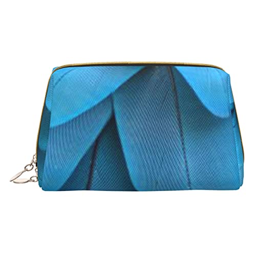 Minimalistische und stilvolle tragbare Leder-Make-up-Tasche, buntes Herzmuster, Kosmetiktasche für Mädchen und Damen, kleine Größe, Blaue Federn, Einheitsgröße von BVMPRS