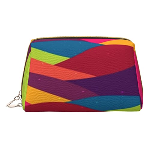 Minimalistische und stilvolle tragbare Leder-Make-up-Tasche, winkende Vorlage, bunte Kurven, bedruckte Kosmetiktasche für Mädchen und Damen, kleine Größe, Winkeschablone, bunte Kurven, Einheitsgröße von BVMPRS