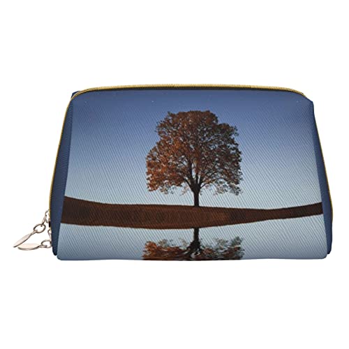 Minimalistische und stilvolle tragbare Make-up-Tasche aus Leder, 3 bunte Blumen bedruckt, Kosmetiktasche für Mädchen und Damen, kleine Größe, Lonely Tree on Calm Lake, Einheitsgröße von BVMPRS