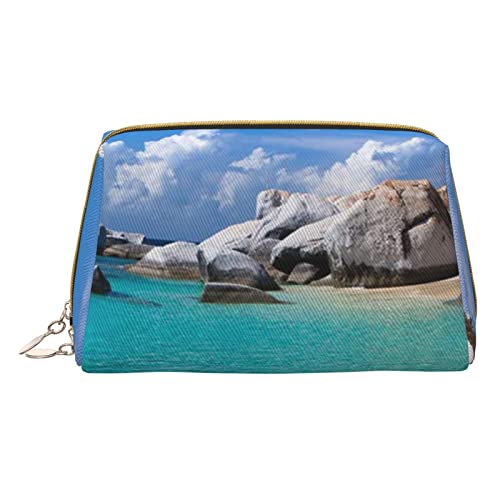 Minimalistische und stilvolle tragbare Make-up-Tasche aus Leder, Motiv: Pinguin, der im Ozean schwimmt, bedruckte Kosmetiktasche für Mädchen und Damen, kleine Größe, Steine Blue Sea Ocean Sunrise von BVMPRS