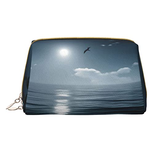 Minimalistische und stilvolle tragbare Make-up-Tasche aus Leder, Motiv: Schilf am Fluss, bedruckte Kosmetiktasche für Mädchen und Damen, kleine Größe, Sea Moon, Einheitsgröße von BVMPRS