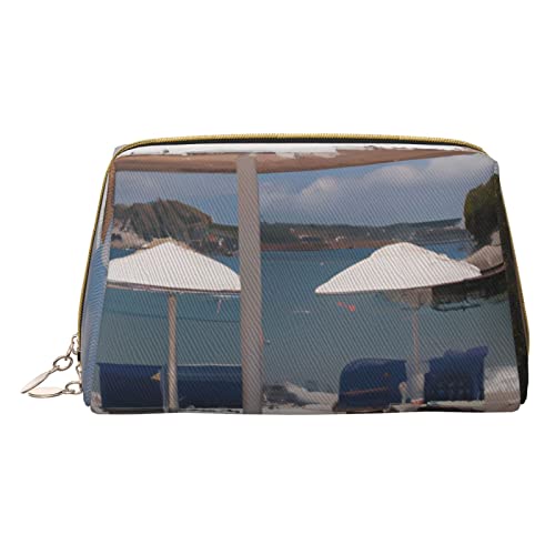 Minimalistische und stilvolle tragbare Make-up-Tasche aus Leder, Motiv: schlammiges Meer, bedruckte Kosmetiktasche für Mädchen und Damen, kleine Größe, Der Strand unter den weißen Wolken, von BVMPRS