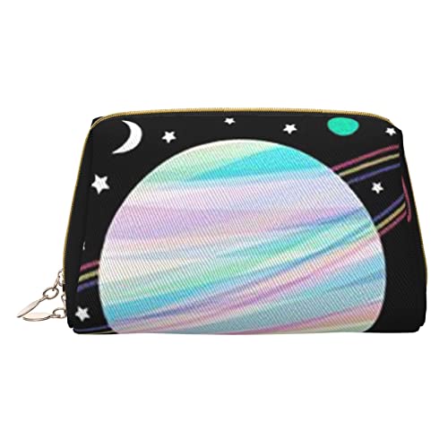 Minimalistische und stilvolle tragbare Make-up-Tasche aus Leder, Planetenmuster, bedruckte Kosmetiktasche für Mädchen und Damen, kleine Größe, Planetes Muster, Einheitsgröße von BVMPRS