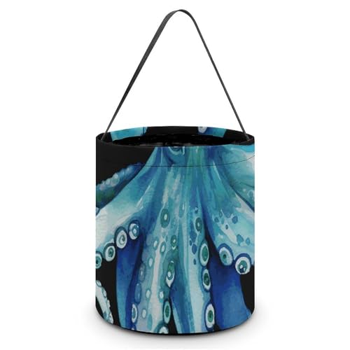 [Maße: 20 x 21 x 18 cm (B x L x L); Halloween-Tragetasche, blaue Aquarell-Oktopus-bedruckte Süßigkeitentüten – wiederverwendbar für Partys und Geschenke von BVNMT