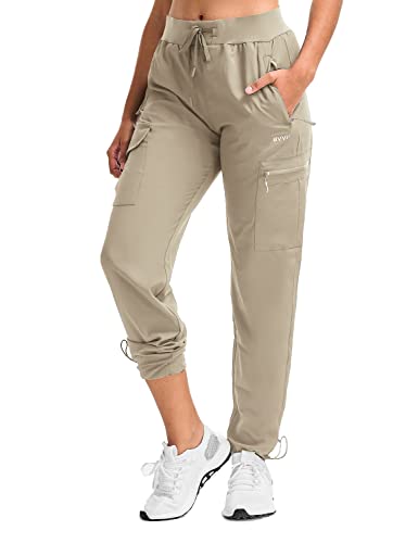 BVVU Damen-Cargo-Jogger, leicht, schnell trocknend, Wanderhose, Outdoor, wasserdicht, athletisch, Workout-Hose mit Reißverschlusstaschen, Khaki, S von BVVU