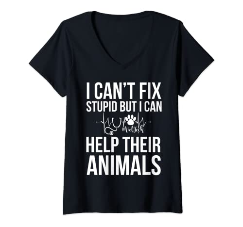 Damen "I Can't Fix Stupid But I Can Help Their Animals" T-Shirt mit V-Ausschnitt von BW Vet Tech Gifts