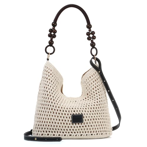 BWBIKE Damen Boho Straw Beach Bag - Gehäkelte Baumwoll-Strick-Tragetasche mit 2 abnehmbaren Trägern, Sommer-Umhängetasche und Crossbody-Geldbörse für Reisen und Urlaub, Schwarz von BWBIKE