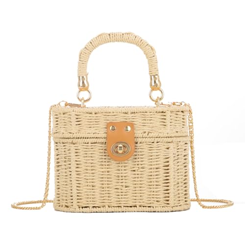 BWBIKE Damen Handgewebte Stroh Umhängetasche - Vintage Rattan Beach Geldbörse, Boho Woven Tote Bag für den Sommer, Crossbody oder Top Handle, Beige von BWBIKE