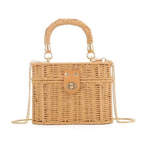 BWBIKE Damen Handgewebte Stroh Umhängetasche - Vintage Rattan Beach Geldbörse, Boho Woven Tote Bag für den Sommer, Crossbody oder Top Handle, Braun von BWBIKE