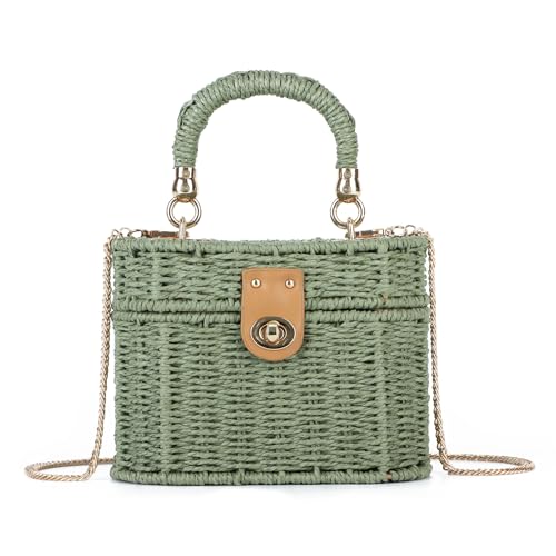 BWBIKE Damen Handgewebte Stroh Umhängetasche - Vintage Rattan Beach Geldbörse, Boho Woven Tote Bag für den Sommer, Crossbody oder Top Handle, Grün von BWBIKE
