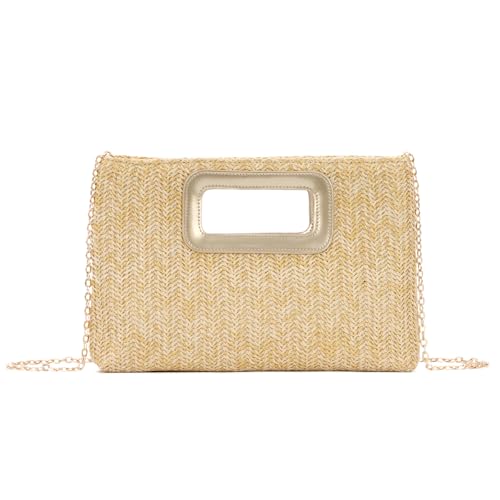BWBIKE Damen Raffia Top Handle Bag - Elegante Stroh Clutch mit Kette, Sommer Strand Abendtasche, Boho Envelope Handtasche für Reisen & Partys, Aprikose von BWBIKE