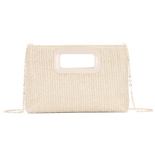 BWBIKE Damen Raffia Top Handle Bag - Elegante Stroh Clutch mit Kette, Sommer Strand Abendtasche, Boho Envelope Handtasche für Reisen & Partys, Beige von BWBIKE