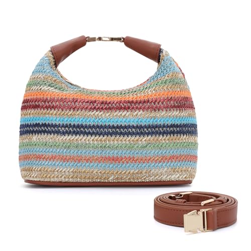 BWBIKE Damen Raffia Woven Straw Geldbörse - Sommer Crossbody Strandtasche mit oberem Griff, kleine Schulranzen-Handtasche für Urlaub und Alltag, Bunt von BWBIKE
