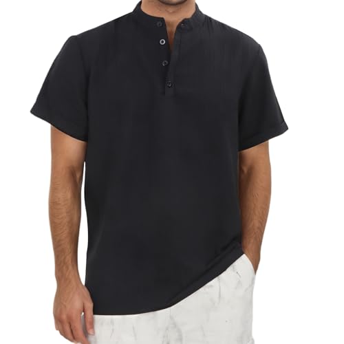 BWBIKE Herren Casual Kurzarm Henley Hemd - Stehkragen Sommer Strand strukturiertes Button-Down-Hemd für Urlaub & Freizeit, Schwarz, S von BWBIKE