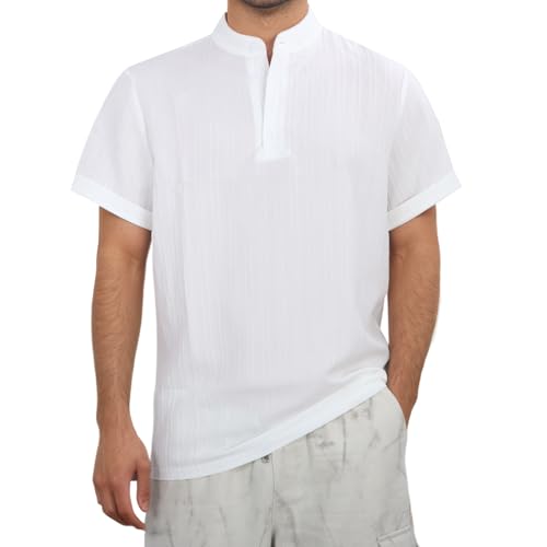 BWBIKE Herren Casual Kurzarm Henley Hemd - Stehkragen Sommer Strand strukturiertes Button-Down-Hemd für Urlaub & Freizeit, Weiß, S von BWBIKE