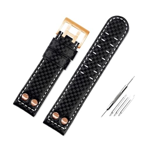 BWBVHRHZY Fit for Hamilton Khaki Aviation Serie H77696793 Carbon Fiber Carbon Fiber Leder Uhrenarmband Zubehör 22mmschwarze Metallniete(Black White RG clasp) von BWBVHRHZY