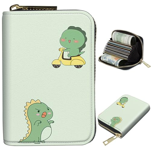 BWEGRHE Kleine Reisebrieftasche, schmal, mehrere Fächer, Kartenhalter, niedlicher Kreditkartenhalter, RFID-blockierend, kleine Geldbörse für Damen und Herren, Dinosaurier (Grün), Portable, Classic von BWEGRHE
