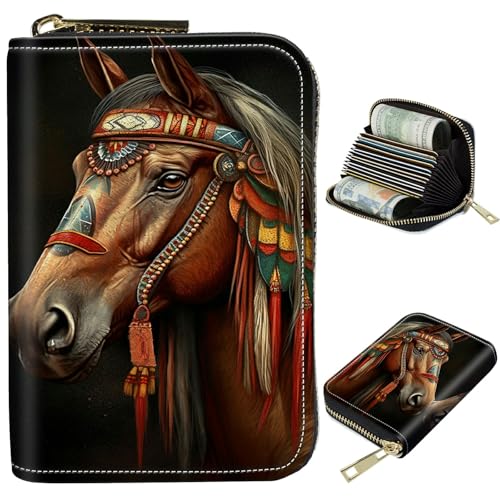 BWEGRHE Kleine Reisebrieftasche, schmal, mehrere Fächer, Kartenhalter, niedlicher Kreditkartenhalter, RFID-blockierend, kleine Geldbörse für Damen und Herren, Gefiederter Kopfschmuck Pferd, Portable von BWEGRHE