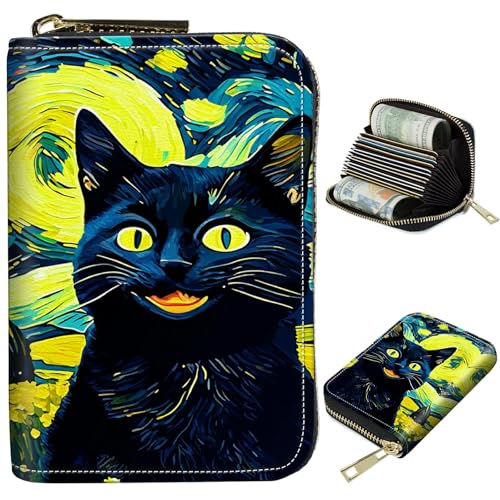BWEGRHE Kleine Reisebrieftasche, schmal, mehrere Fächer, Kartenhalter, niedlicher Kreditkartenhalter, RFID-blockierend, kleine Geldbörse für Damen und Herren, Ölgemälde mit schwarzer Katze, Portable von BWEGRHE
