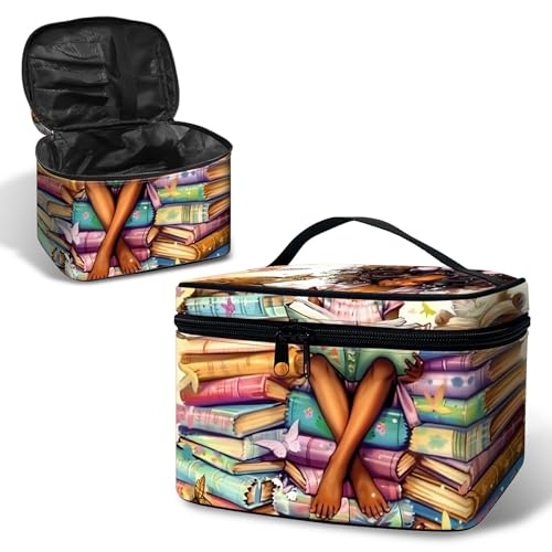 BWEGRHE Reise-Make-up-Tasche mit abnehmbarer Handschlaufe, Library Black Girl, Large von BWEGRHE