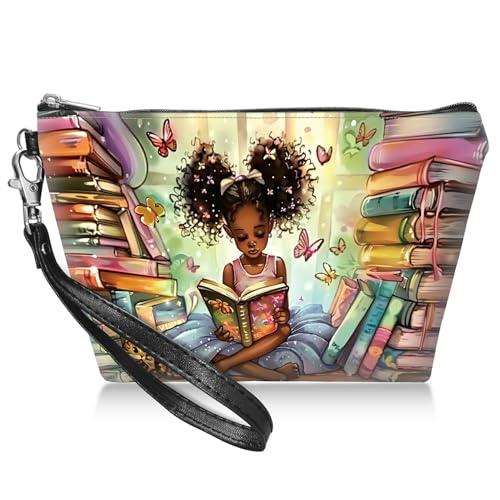 BWEGRHE Reise-Make-up-Tasche mit abnehmbarer Handschlaufe, Library Black Girl, Small von BWEGRHE