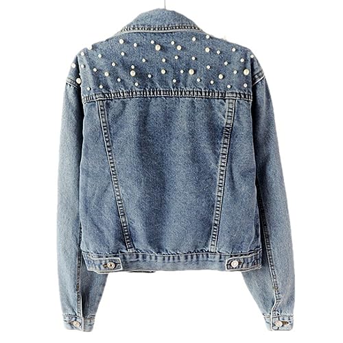 BWGHBH Damen Jeansjacke Übergangsjacke kurz oversize mit Perlen für Frühling Herbst（Blau Wenige Perlen,M von BWGHBH