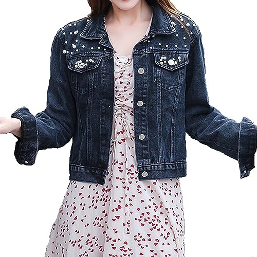 BWGHBH Damen Jeansjacke Übergangsjacke kurz oversize mit Perlen für Frühling Herbst（Schwarz Wenige Perlen,L von BWGHBH