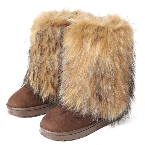 BWGHBH Damen Kunstpelz Stiefel Flauschig Mädchen Schneestiefel Warme Winter Schuhe Künstlicher Plüsch Tragen Rutschfest und Warm passen Außen Drinnen Braun 35 von BWGHBH