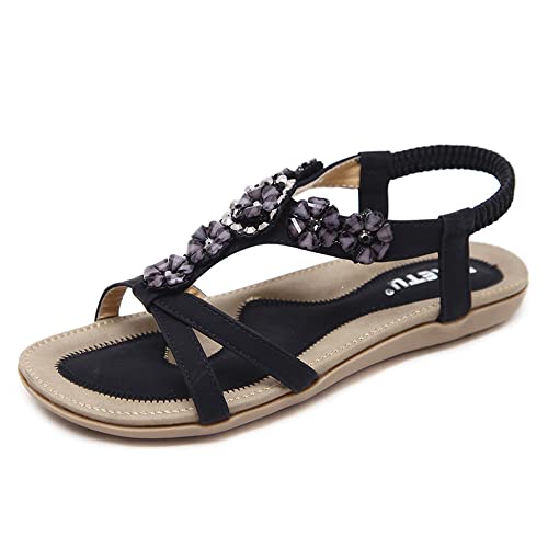 BWGHBH Mädchen Damen Sandalen Bohemian Blumen Strass flache Sandalen Strandschuhe (Schwarz,Größe 35) von BWGHBH