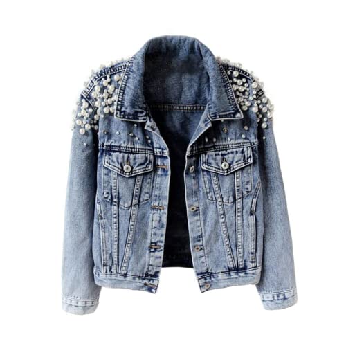 BWGHBH Damen Jeansjacke Übergangsjacke kurz oversize mit Perlen für Frühling Herbst（Blau,L von BWGHBH