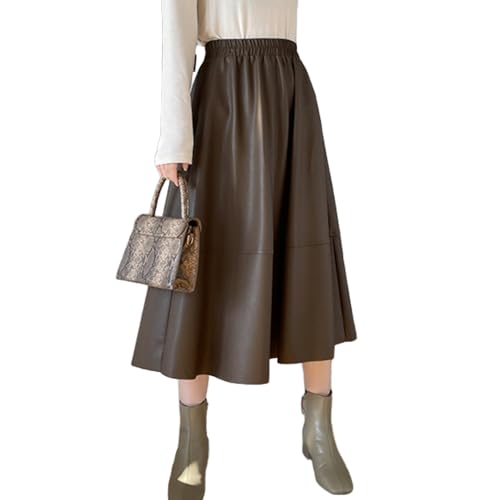 Damen Kunstleder Rock Retro High Waisted Plissee Lange A-Linie Midi Rock mit Taschen Dunkler Kaffee von BWGHBH