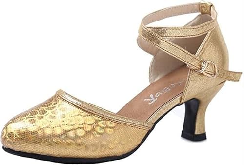 Damen Latein Tanzschuhe Absatz 3.5cm/5.5cm rutschfeste Ledersohle für Innenbereich/Gummisohle für Aussenbereich Tango Salsa Gesellschaftstanz（Golden（Ledersohle）,Größe 37 von BWGHBH