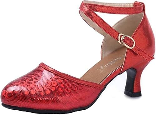 Damen Latein Tanzschuhe Absatz 3.5cm/5.5cm rutschfeste Ledersohle für Innenbereich/Gummisohle für Aussenbereich Tango Salsa Gesellschaftstanz（Rot（Ledersohle）,Größe 39 von BWGHBH