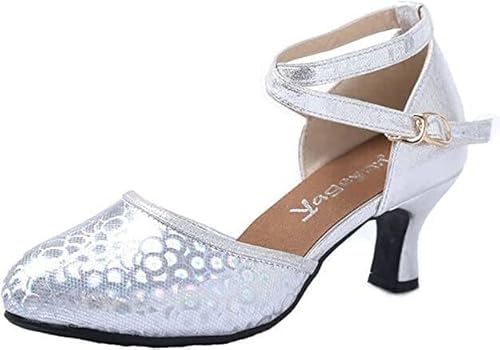 Damen Latein Tanzschuhe Absatz 3.5cm/5.5cm rutschfeste Ledersohle für Innenbereich/Gummisohle für Aussenbereich Tango Salsa Gesellschaftstanz(Silber（Gummisohle）,Größe 38) von BWGHBH