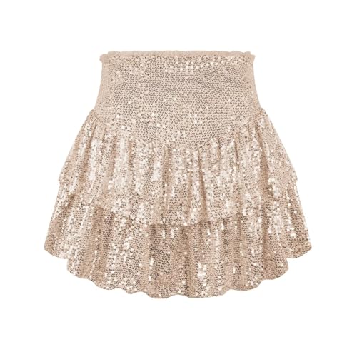 Damen Rock Paillette Minirock Shortrock Kurzer Rock Einfarbige Rock mit Shorts Partyrock Hohe Taille Beige S von BWGHBH